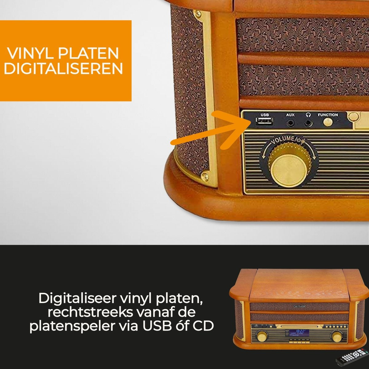 Denver Retro-Schallplattenspieler - Eingebaute Lautsprecher und Verstärker - DAB-Radio - Radio-CD-Player - MRD51 - Holz