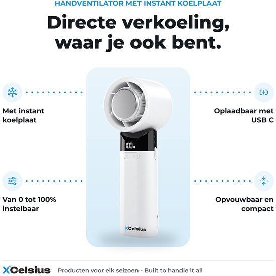 XCelsius® Handventilator – Tragbarer, zusammenklappbarer Mini-Ventilator – Über USB-C aufladbar – Stufenlos von 0 % bis 100 % einstellbar – Mit Sofort-Kühlplatte – Weiß