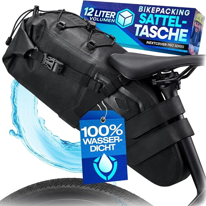 Nextcover Bikepacking-Satteltasche 12 l – AquaShield TPU – Wasserdicht – Schwarz