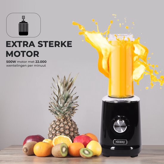 Niceey Mini Blender - Smoothie Maker - Mixer Smoothie - Entsafter - 500W - mit 2 To-Go Bechern - Schwarz