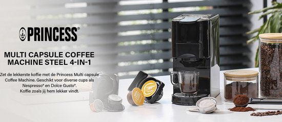 Princess 249450 Multi Capsule Filterkaffeemaschine - Stahl 4-in-1 - Geeignet für mehrere Kaffeesorten