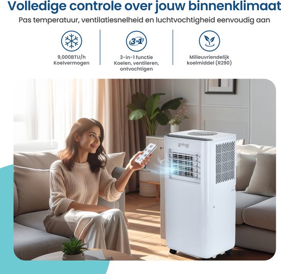 Gologi 3-in-1 Mobiles Klimagerät - Luftkühler mit Wifi und App - 9.000 BTU/h - Mit Fensterdichtungsset - Inklusive Fernbedienung - Geeignet für Schlafzimmer - Weiß