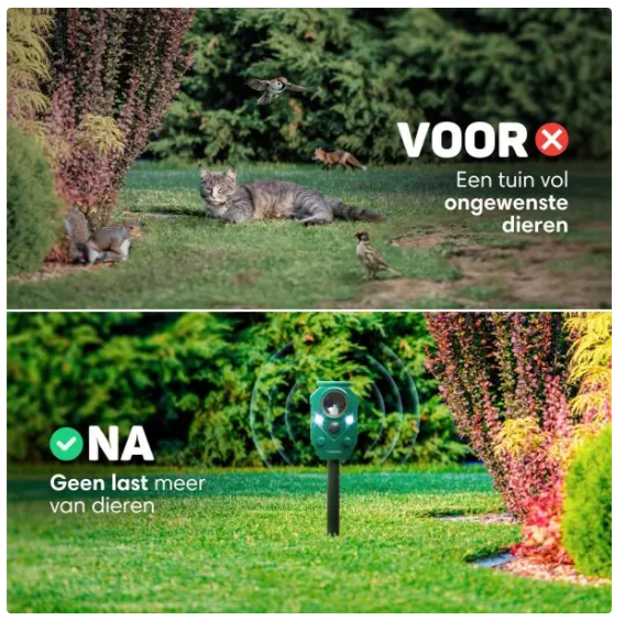 Vulpes Goods® - Katzenvertreiber Premium - 5 x 9 x 14 cm - Mit 5 Arbeitsmodi und PIR-Sensor und LED-Blitzlicht und Solarenergie - Für Garten und Balkon - Grüner Kunststoff