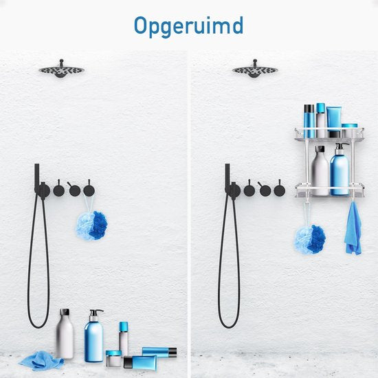 Happy Goods 2-stöckiges Duschregal ohne Bohren - Badezimmerregal - Duschregal silber hängend - Inkl 2 Haken - Badezimmerzubehör - Wandregal