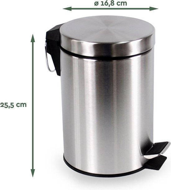 BRASQ Treteimer 3 Liter - Edelstahl - PB103 - Mülleimer mit herausnehmbarem Treteimer - Mülleimer - Abfalleimer - Abfalleimer - Bad oder Toilette