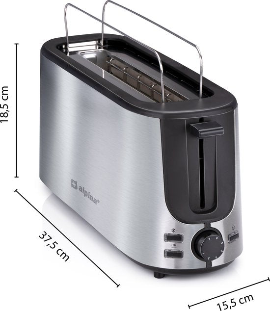 alpina Toaster mit Toasterklemmen und Langschlitz - Toaster 2 Stück Brot mit 7 Bräunungsstufen und Auftaufunktion - Toaster Toaster mit herausnehmbarer Krümelschublade - Silber