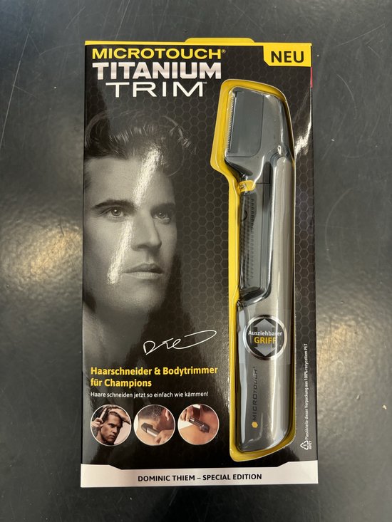 Mediashop Micro Touch Titanium Trim – Haarschneidemaschine mit Edelstahlklingen – Schneiden, Trimmen & Stylen – Haar-, Gesichts- und Körpertrimmer – 5 Aufsätze – Haarschneidemaschine – empfohlen von Dominic Thiem