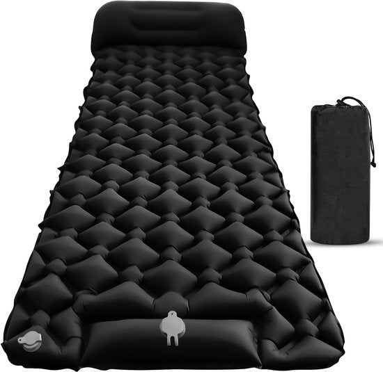 Outbee Schlafmatte selbstaufblasend - Luftmatratze mit integrierter Fußpumpe & Kissen - 1 Person - Selbstaufblasende Schlafmatte - Luftmatratze inkl. Gepäckträger - 195x60x5 cm - Schwarz