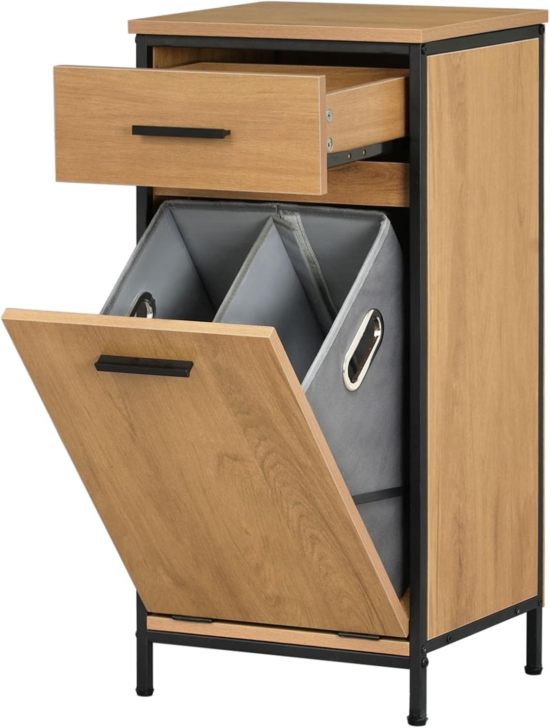 Eugad Badezimmerschrank mit Schublade und Wäschebeutel – Helles Eiche – 38 x 34 x 80 cm