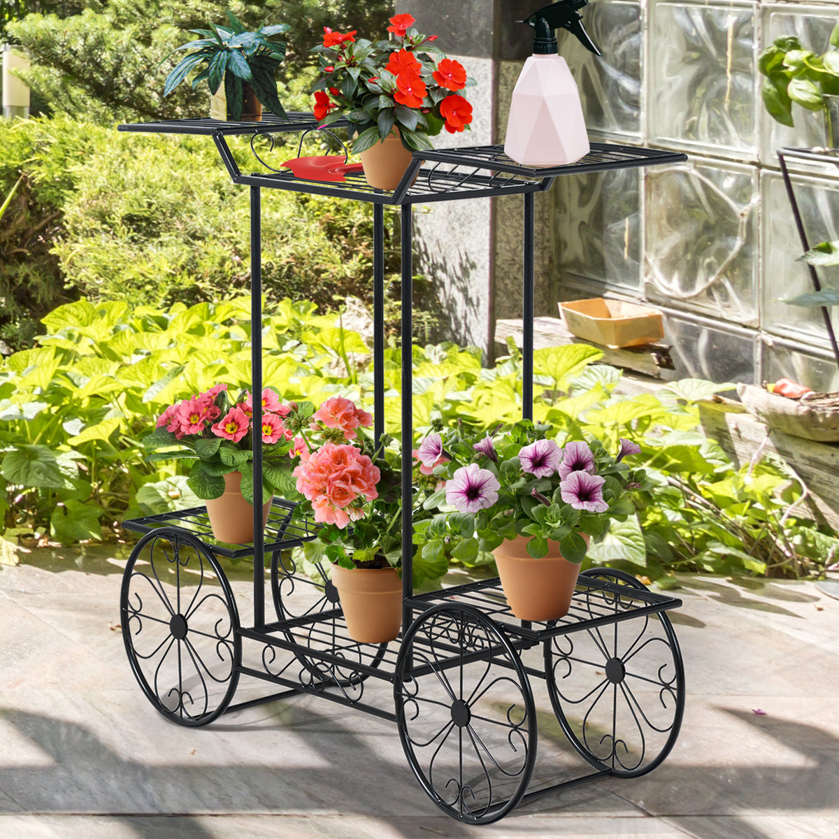 Decoratieve bloemenstandaard Plant-stands met 6 planken met vrijstaande bloemauto's voor binnen- en buiten metalen zwart 80,5 x 25 x 75