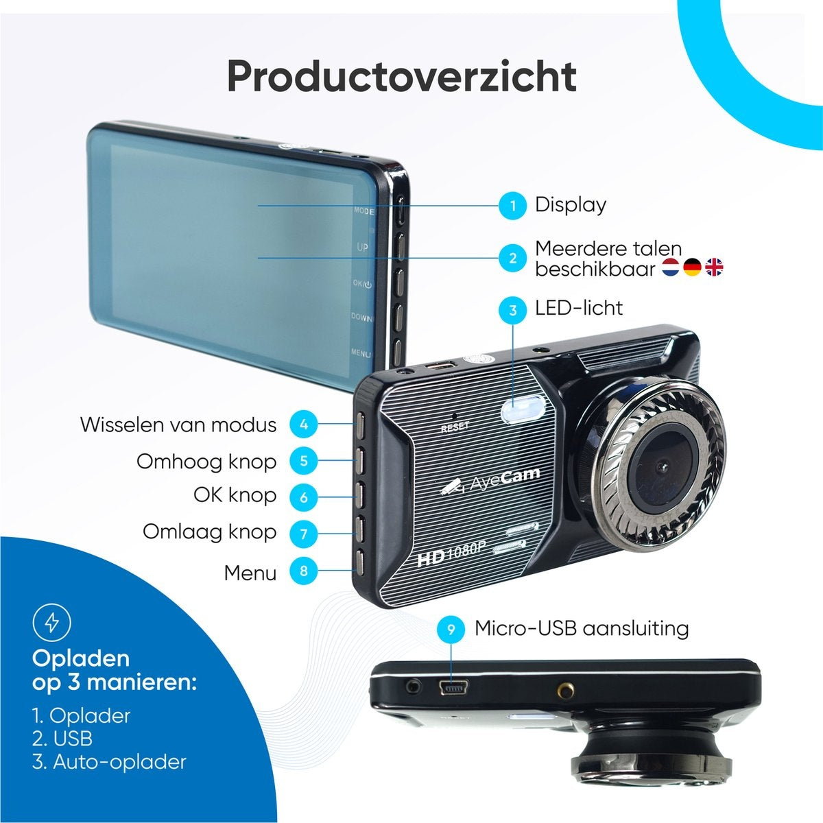 AyeCam Dashcam Pro - Dashcam für Auto vorne und hinten - FULL HD & Nachtsicht - G-Sensor - Inkl. 32GB SD