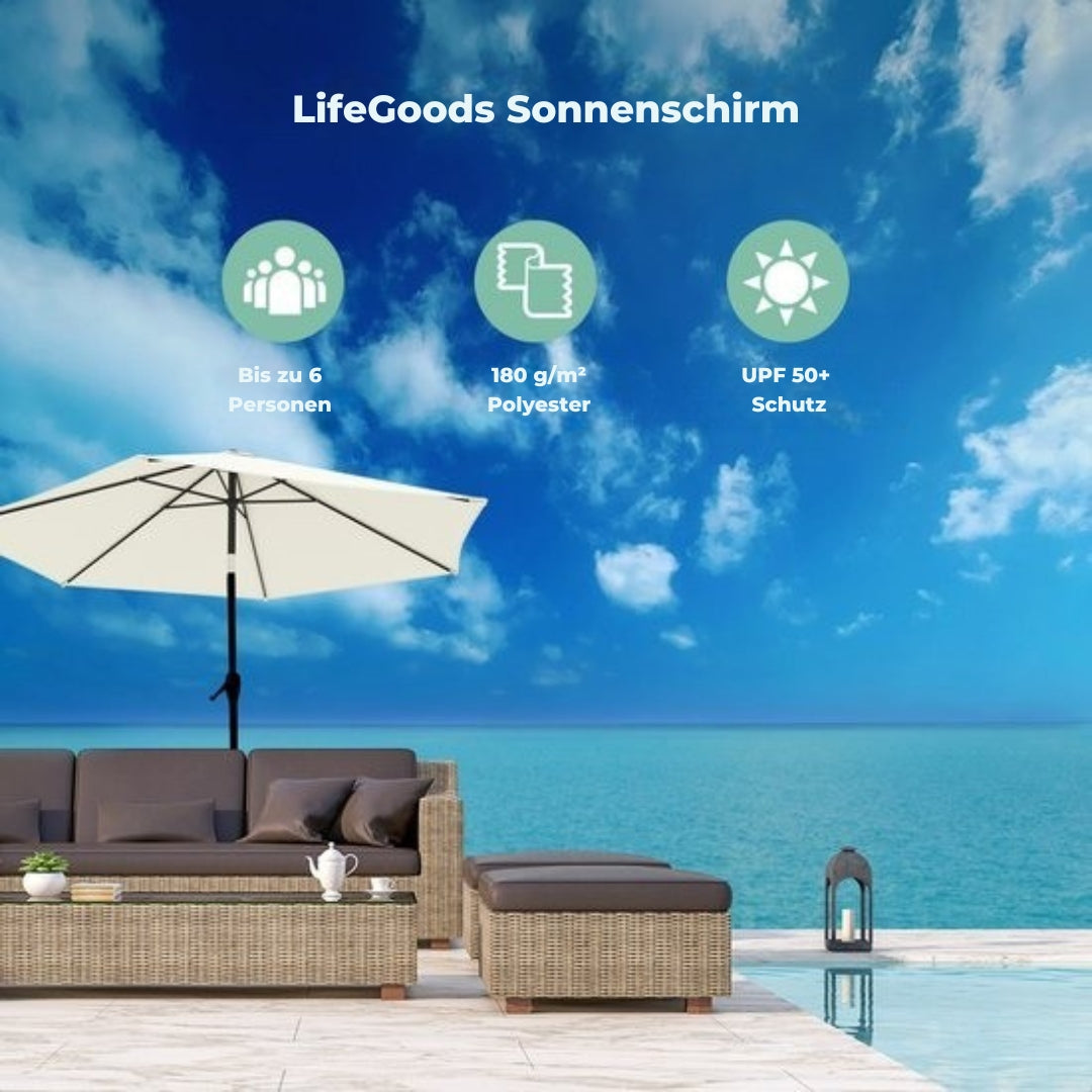 LifeGoods Sonnenschirm - 270 cm - 30° neigbar - wasserdicht - mit Bezug - Creme