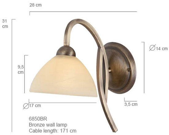 Anthea 4328BR – Klassische Wandleuchte mit bronzefarbenem Leuchtenkörper und einem 17 cm großen Glasschirm in Marmoroptik, E27-Fassung, Steinhauer