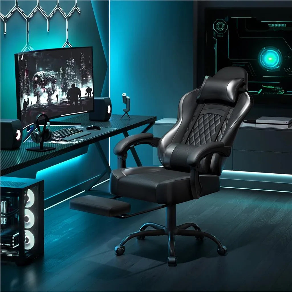 Yaheetech Gaming Chair 72 × 72 × 124,5-134 cm - Schwarz - Ergonomischer Gaming Chair mit Massagefunktion, Fußstütze und verstellbarer Höhe