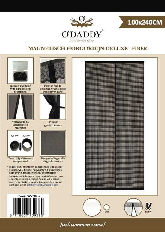 O'DADDY Türvorhang Deluxe FIBER - Magnetischer Fliegenvorhang - Für Neubauten und Standardtüren - Einfache Installation - Schwarzes Horn - 100x240 cm