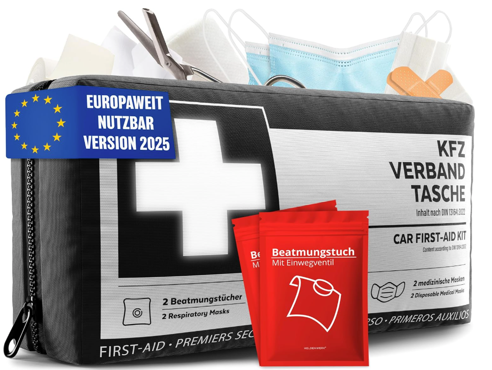 HELDENWERK - Auto-Verbandstasche & Erste-Hilfe-Set - DIN 13164:2022 Standard - Schwarzes wasserabweisendes Nylon - Inklusive Atemtücher & Masken - Für Auto & Motorrad - Kompakt & Sicher