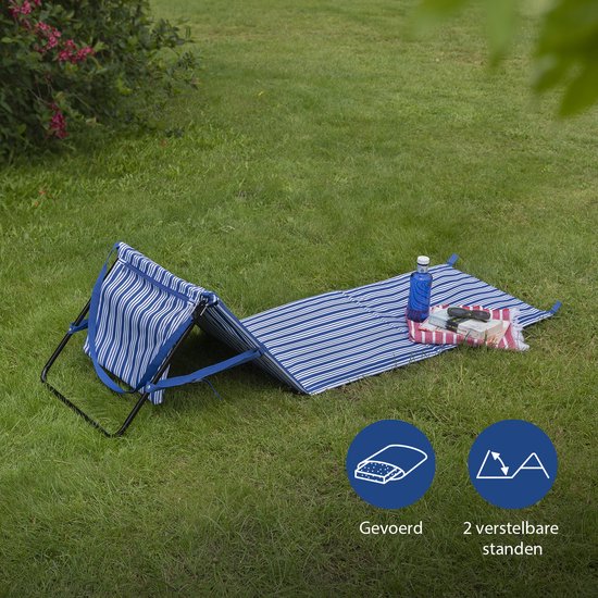 Campart Strandstuhl und Strandliege BE-0421 – Klappbare Liege und Stuhl – Strandmatte mit verstellbarer Rückenlehne – Mit abnehmbarem Kopfkissen – Blau-Weiß