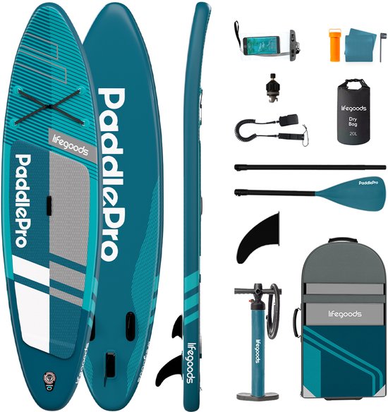 LifeGoods PaddlePro SUP Board Pro - Pro Set - Aufblasbares Paddle Board - Max. 150KG - 320x81cm - Tiefes Aqua