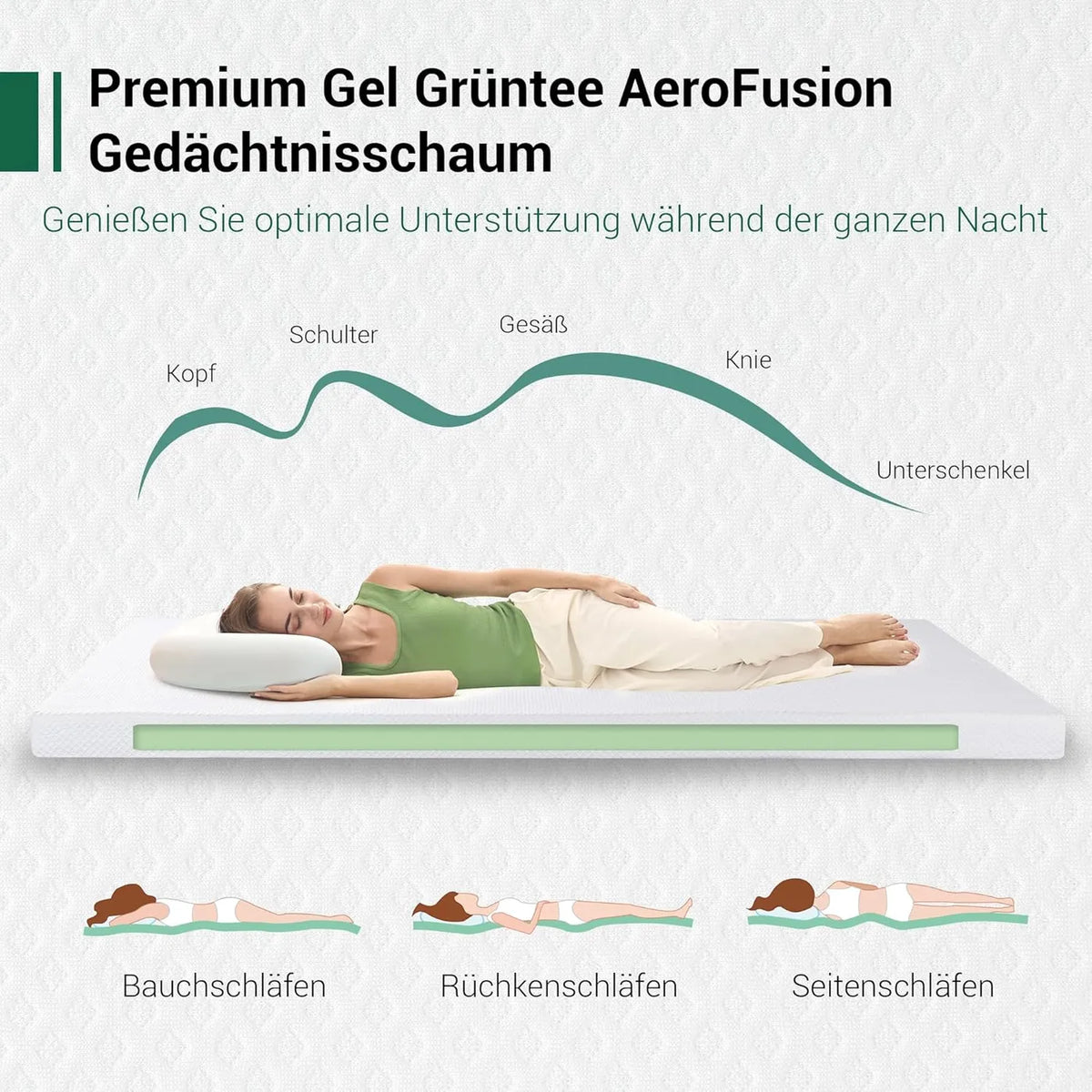 Ego Home Gel-Matratzenauflage 140 x 200 x 9 cm – Kaltschaum mit grünem Tee – Härtegrad H2 – Abnehmbarer, waschbarer Bezug