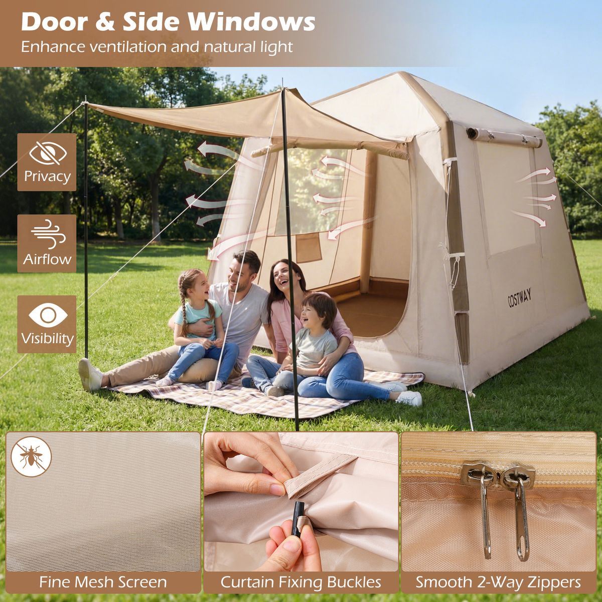 Coast Aufblasbares Campingzelt – 2 bis 4 Personen – Inklusive Pumpe und Tragetasche – Khaki – 210 x 210 x 180 cm
