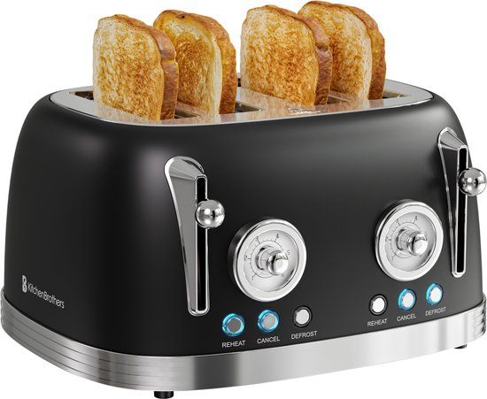 KitchenBrothers Retro-Toaster - Toaster - 6 Heizstufen - 4 extra breite Schlitze - 815W - Schwarz