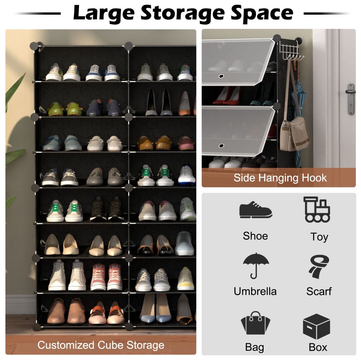 Coast Schuhschrank mit 8 Fächern – verstellbares Schuhregal – für 48 Paar Schuhe – schwarz und durchscheinend
