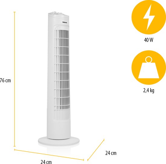 Turmventilator 76 cm – 3 Geschwindigkeitsstufen – Schwenkbar – Timer-Funktion – Kompakt & stilvoll – Tristar VE-5864 – Weiß