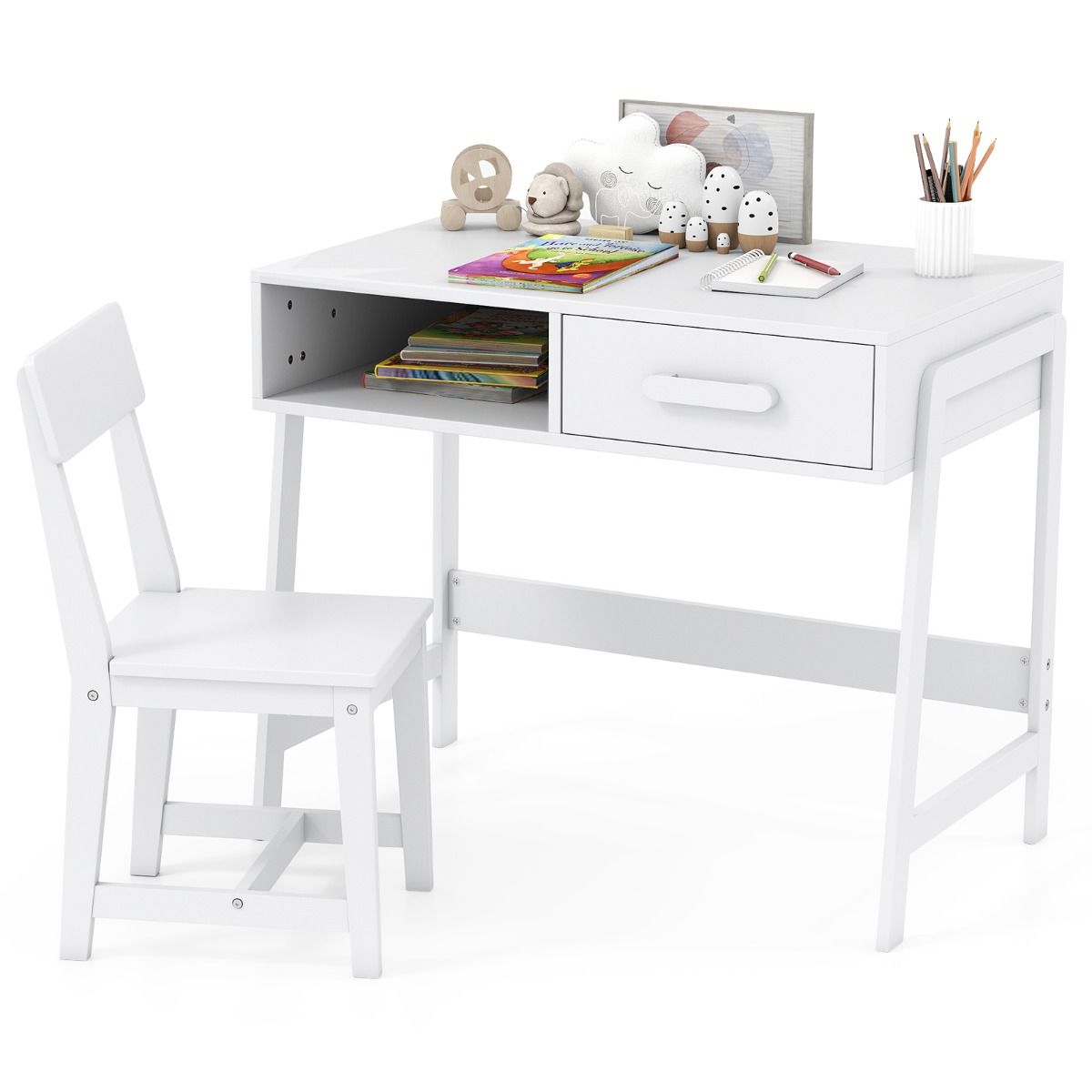 Coast Kinderschreibtisch mit Stuhl – mit Schublade und Ablage – ergonomisches Design – weiß