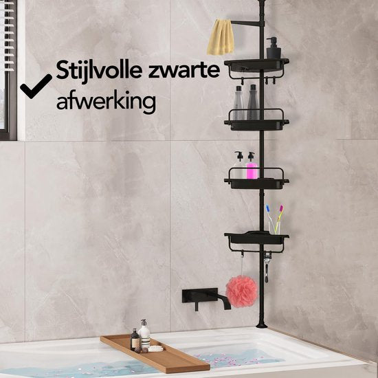 Brixy Duschregal - Teleskopisch - 85-305 cm - Kein Bohren - Boden bis zur Decke - 4 Ablagen - 3 Haken - Schwarz