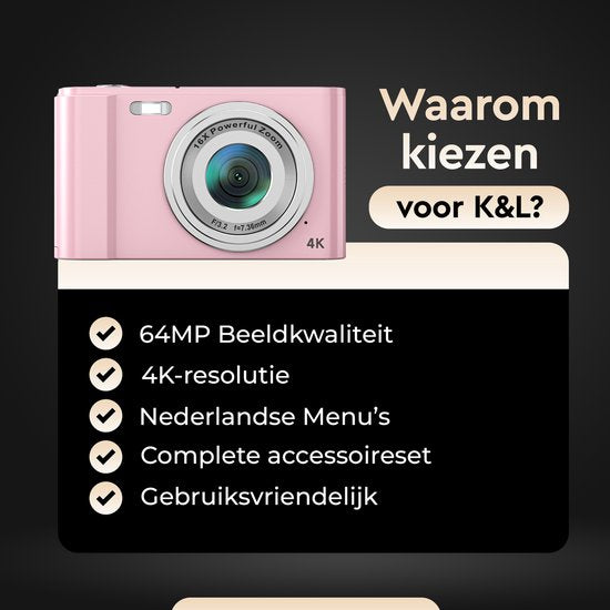 K&L Digitalkamera 4K - 64MP - Kamera - Kompaktkamera - Vlog Kamera - Für Kinder - Inklusive 64GB - NL Software