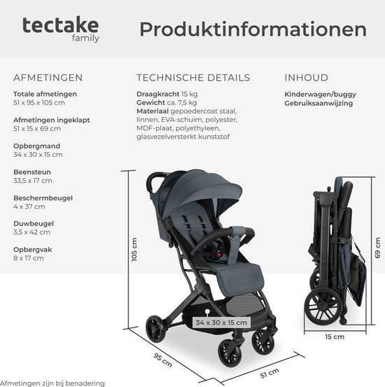 tectake® Buggy Kinderwagen Finn - Leichter Faltbuggy - Faltbar und mit Faltverdeck - Sonnenschutz - Tragkraft 15kg - Anthrazit