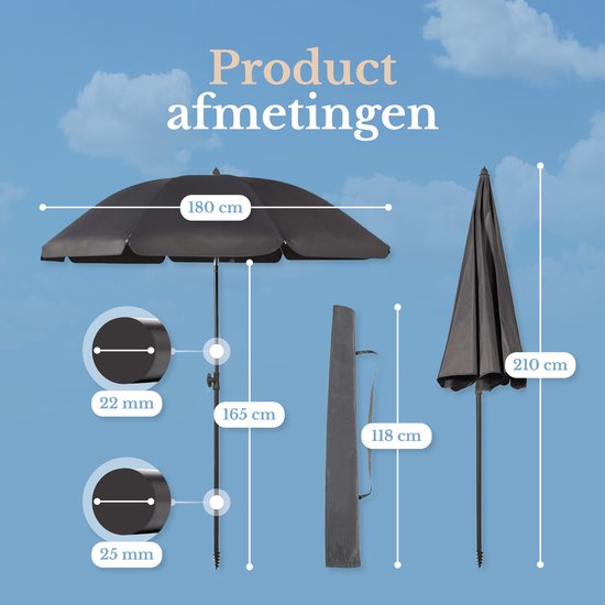 O’DADDY® Sonnenschirm-Set – Neigbar & verstellbar – Wasserdicht – UV-beständig – Mit Erdspieß & Tragetasche – Strand, Garten & Balkon – 180 cm – Dunkelgrau