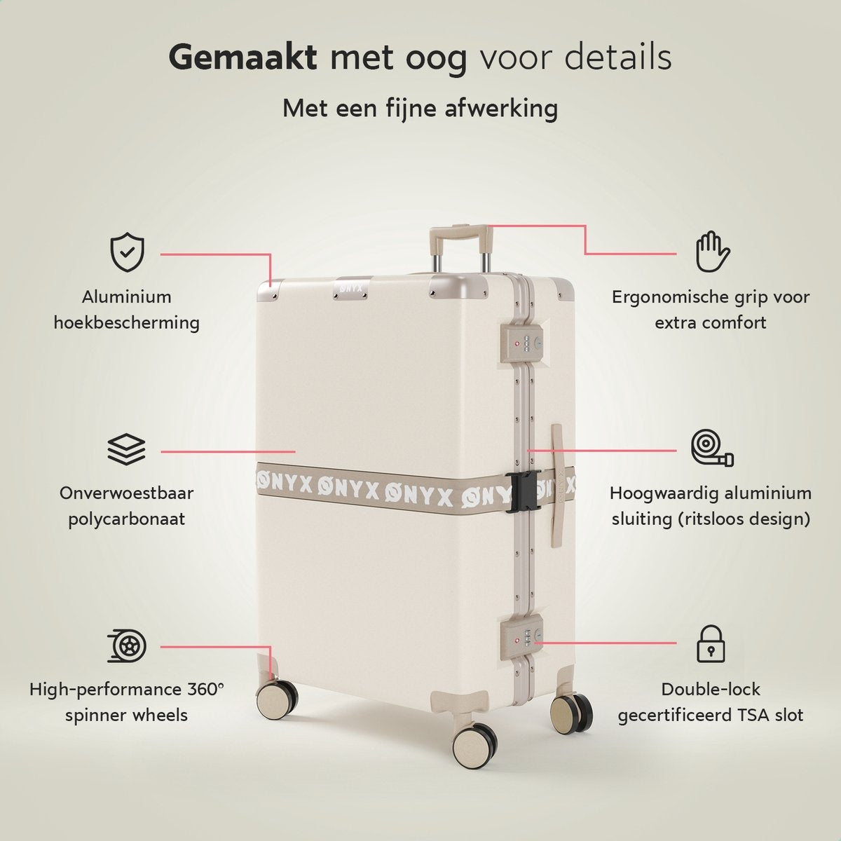 ONYX® - Check-in Koffer 100L - TSA-Schloss - Spinner-Räder - Leichter Trolley - Aluminiumverschluss - Sandweiß