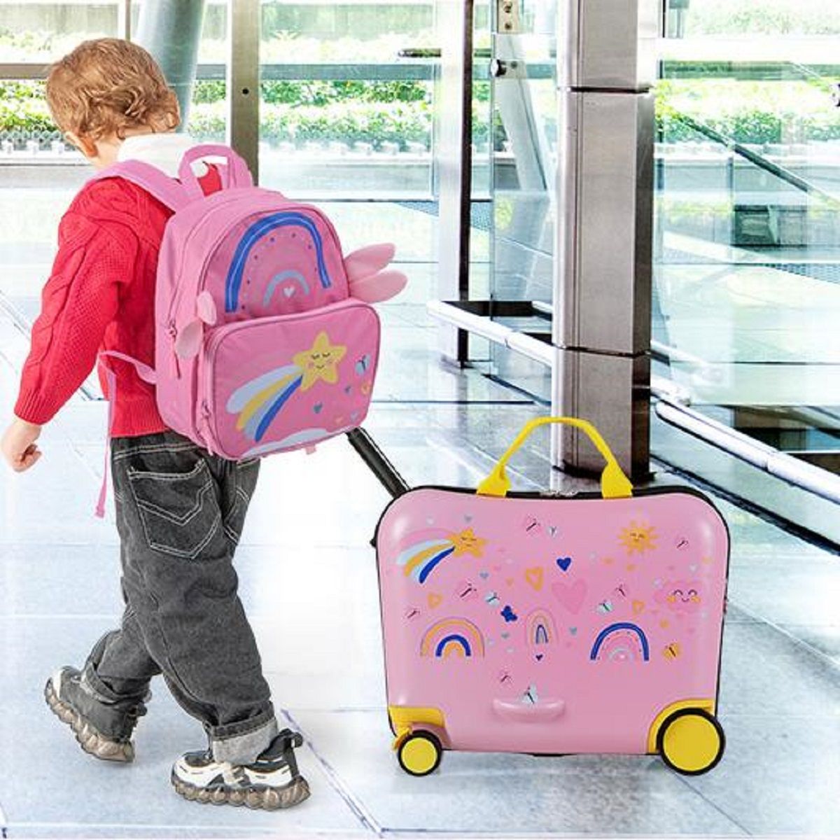 Coast Kinderkoffer- und Rucksack-Set – Sitzkoffer mit Bienenmotiv – verstellbarer Griff – rosa
