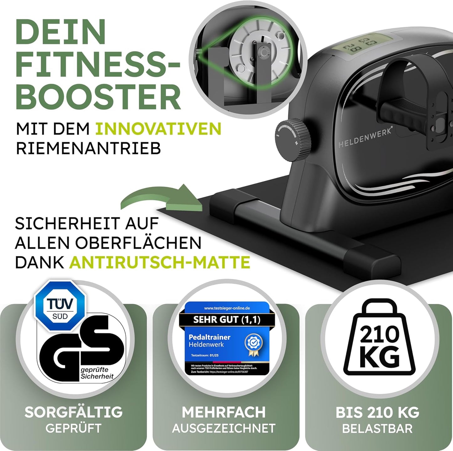 HELDENWERK Pedal-Trainer-Set - 40x35x30 cm - Schwarzer Stahl & Kunststoff - Inklusive Befestigungsgurt & Anti-Rutsch-Matte - Arm- und Beintrainer - Für Senioren