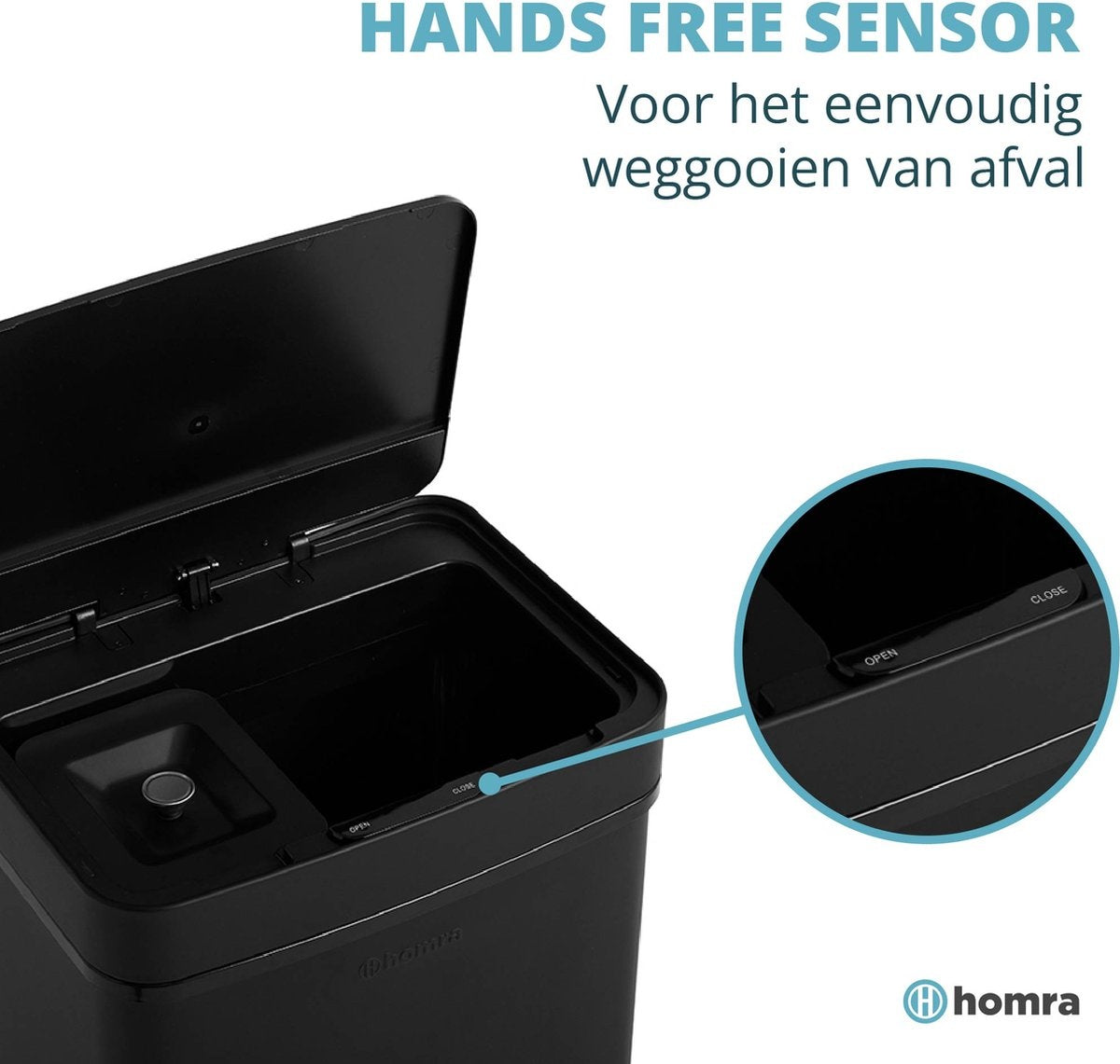 Homra NEXO Sensor-Abfalltrennbehälter Schwarz 72 Liter - 3 Fächer - 2x12L + 48L - Infrarot-Sensor