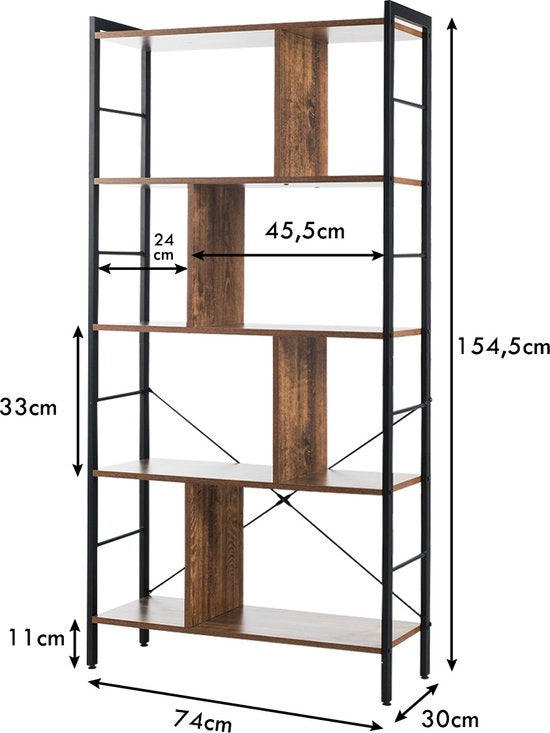 Coast Bücherregal 5-teilig mit Metallrahmen Holz - 74 x 30 x 154,5 cm - Braun