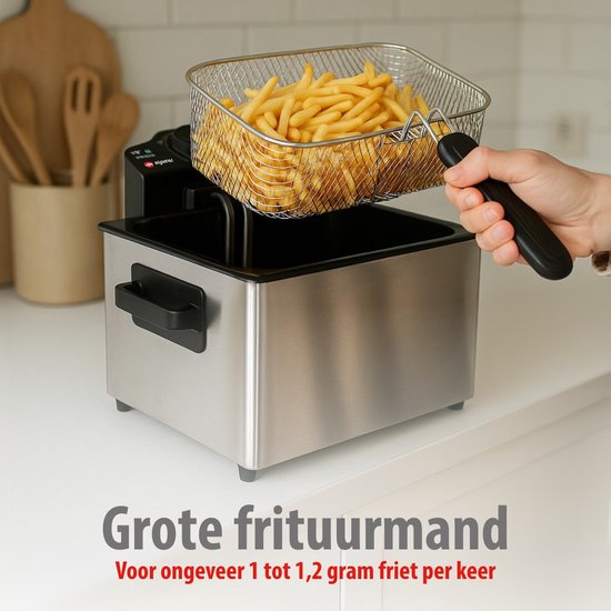 Alpina Frittierpfanne 5 Liter – Doppelte Fritteuse mit 3 Frittierkörben – Fritteuse mit einstellbarer Temperatur bis 190 °C – Frittierpfanne 2000 W – mit Sichtfenster – Edelstahl