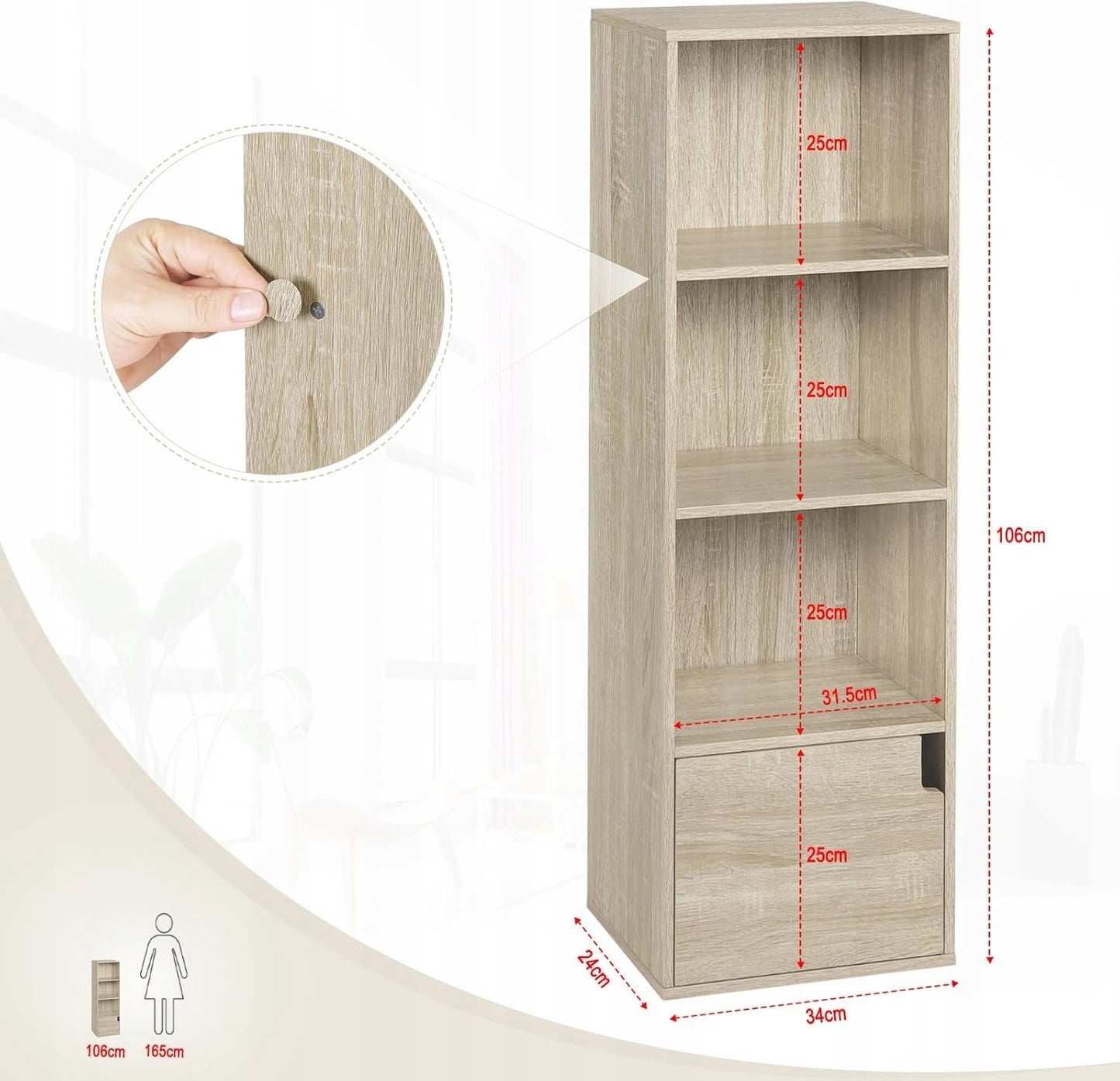Woltu Schmaler Bücherschrank mit Tür – Helles Eiche – 34 x 106 x 24 cm