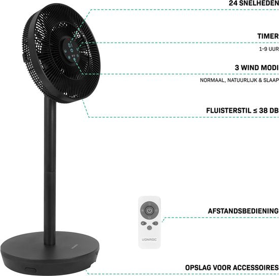 VONROC BREEZE Wireless Fan - Flüsterleise (<44 dB) - 24 Geschwindigkeitsstufen - Leicht und tragbar - 3 Windmodi: Natural, Sleep, Normal - Modular: Tisch- und Bodenventilator - Luxuriöses Touch-Display - Inkl. Fernbedienung - Schwarz