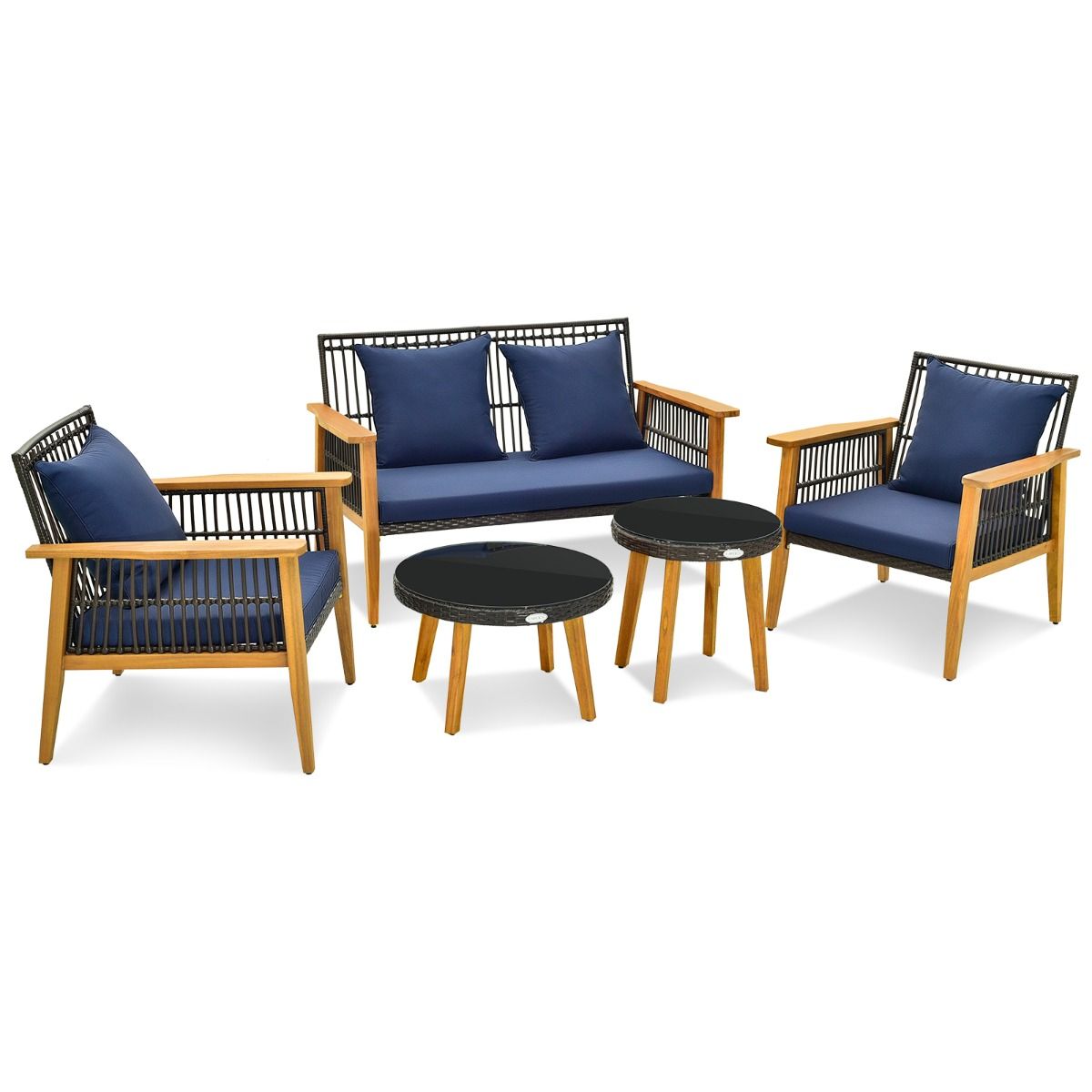 Coast 5-teiliges Rattan-Möbel-Set für den Außenbereich Braun mit marineblauen Kissen - 2 Stühle, Loveseat und 2 Couchtische (Stuhl 75x76x80 cm, Loveseat 132x76x80 cm, Tisch Ø48 cm & 60x38 cm)
