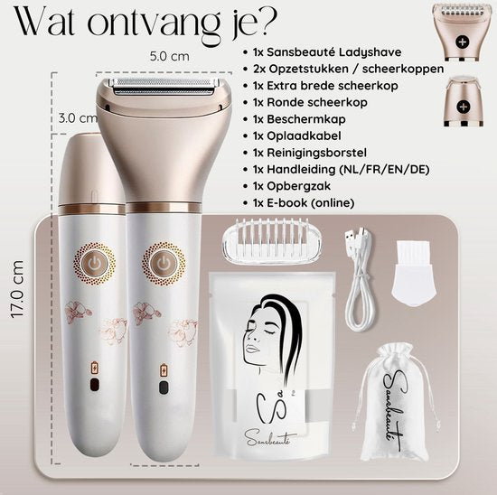 2-in-1 Ladyshave + 2 Extra-Scherköpfe - Gesicht - Achseln - Beine - Bikinizone - Rasierer Frau - Elektrischer Epilierer - Haarentferner Damen - Trimmer Frau - Intimzone Schamhaare - Ladyshaves Bikini