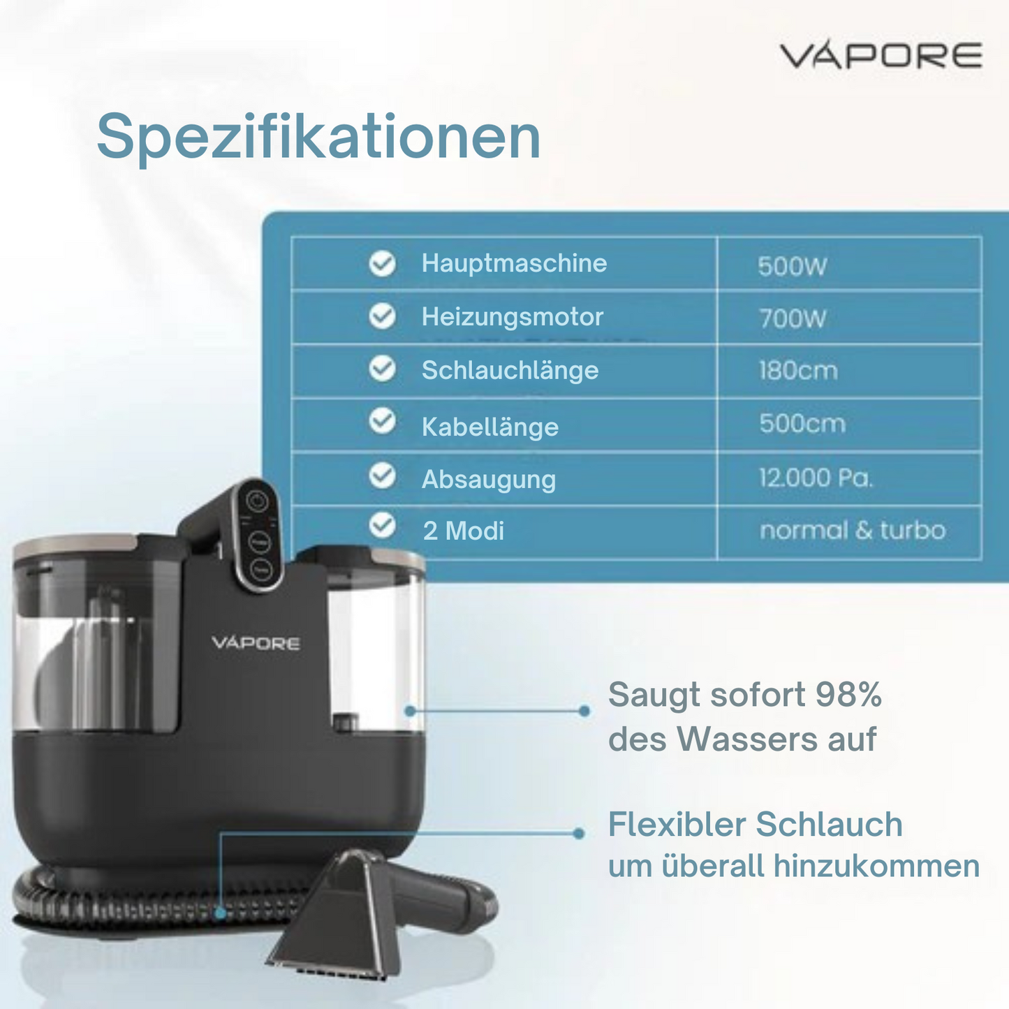 Vapore Teppichreiniger - Möbelreiniger - Sofareiniger - Mit Saugkraft - 1200W - Schwarz