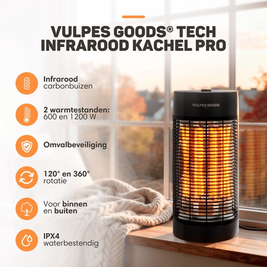 Vulpes Goods® Tech - Infrarotheizung - Elektroofen - Infrarotheizung - Heizung - Zusatzheizung für drinnen und draußen - 1200W - 120°/360° Rotation - 2 Wärmestufen - Kompakt & Tragbar - Geräuschlos - IPX4 Wasserdicht - Schwarz