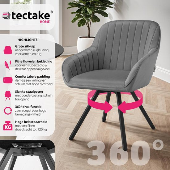 tectake - Esszimmerdrehstuhl mit Armlehnen - Ergonomischer Schalensessel mit Samtpolsterung - Gepolstert - Drehstuhl für Wohnzimmer, Esstisch, Arbeitszimmer, Frisiertisch und Küche - Grau