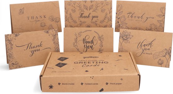 Partizzle 36x Kraft Dankeskarten Set - Dankeskarten - Grußkarten - Postkarten - Karten mit Umschlägen - 15x10 cm