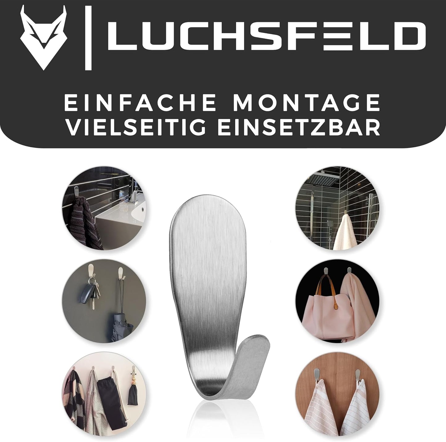 LUCHSFELD 4er-Set selbstklebende Handtuchhaken aus Edelstahl - 4,5 x 4,5 cm - Silber - Für Bad und Küche