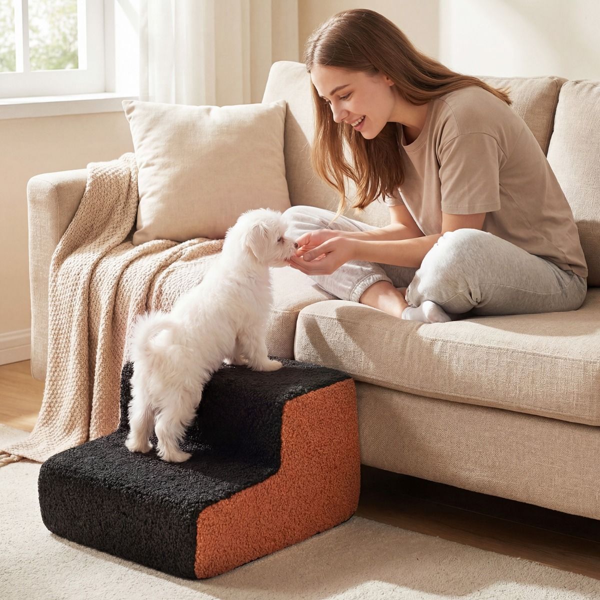 Coast Hundetreppe mit 2 Stufen – flexible Haustiertreppe – rutschfest – schwarz und braun/grau und weiß
