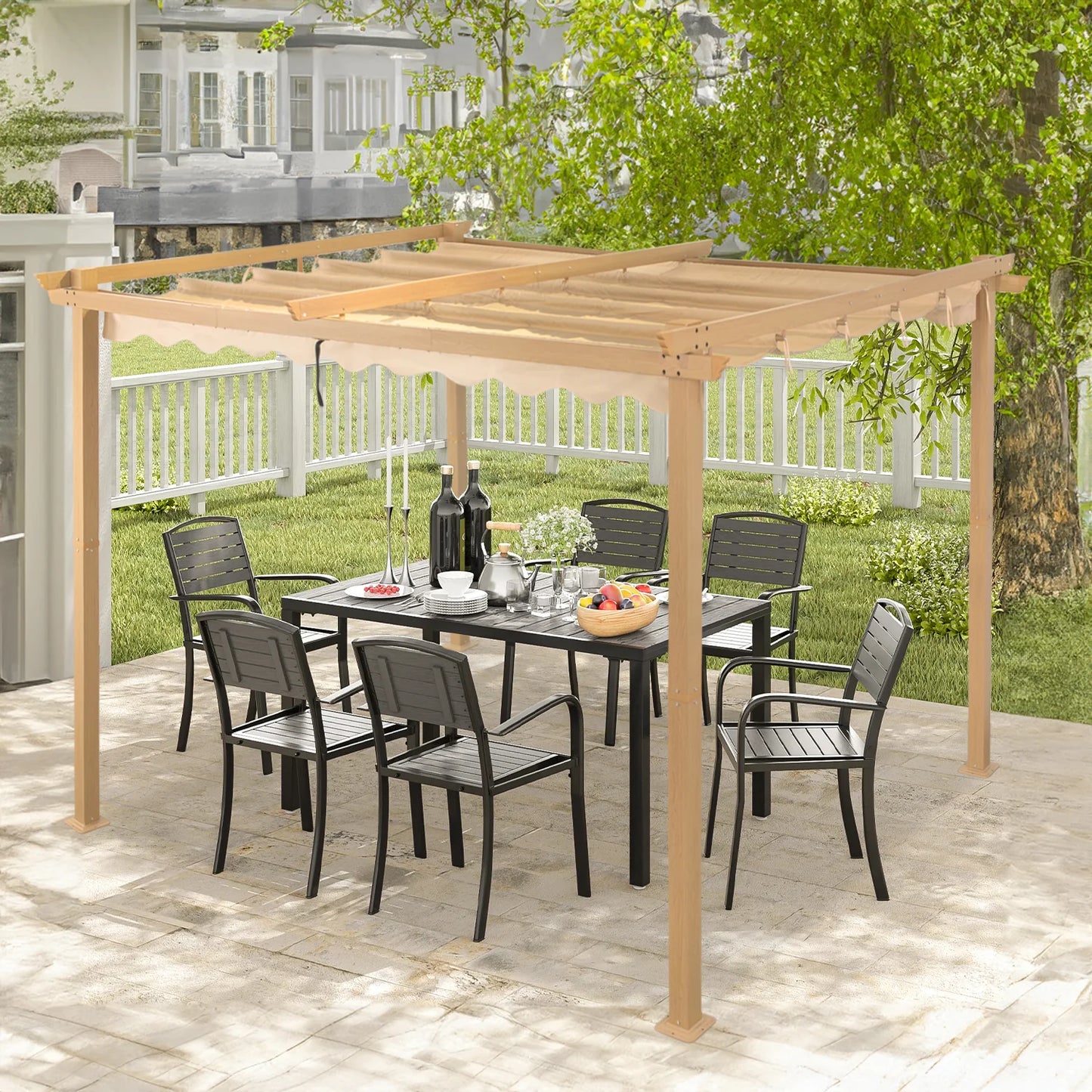 Angel Living Aluminium-Pergola 3×3 m Creme-Gelb – Ausziehbares Dach UV50+, Dachrohre aus Stahl, pulverbeschichtet