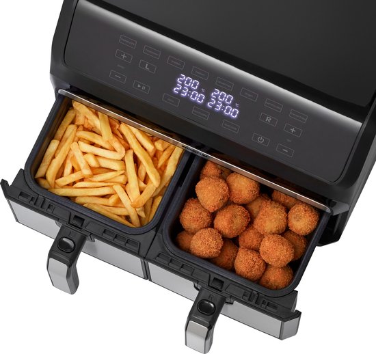 Inventum GF800HLD - Doppel-Luftfritteuse - Heißluftfritteuse - 2 x 4 Liter - 8 Programme - Duale Kochfunktion - 80 bis 200 Grad - PFAS frei - 1700 Watt - Schwarz/RVS